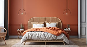 a bed up against an orange feature wall in a bedroom