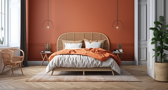 a Scandinavian style bedroom with an orange feature wall
